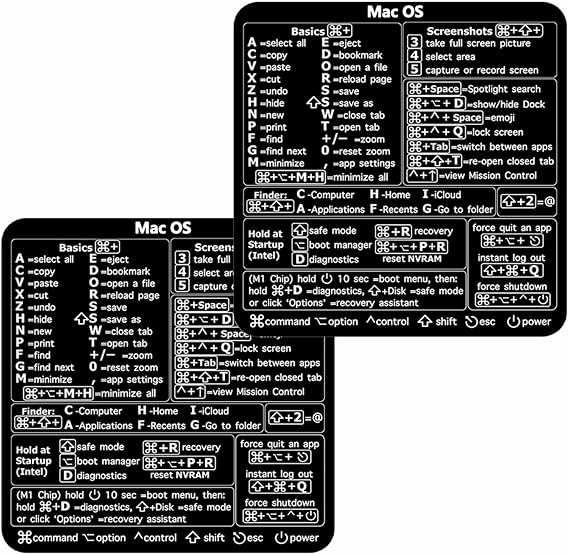 2PCS Mac OS Shortcuts Stickers: Keyboard Stickers for macOS Cheat Sheet 2025, Waterproof Removable Vinyl Decals for MacBook Air/Pro, M1/M2/M3/M4 Shortcuts (Black