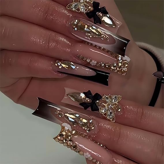 QQPPOLIU Long Press on Nails Square,Black French Tip False Nails with Glitter Design Hot Girls Nails 24Pcs(Gold & Black)