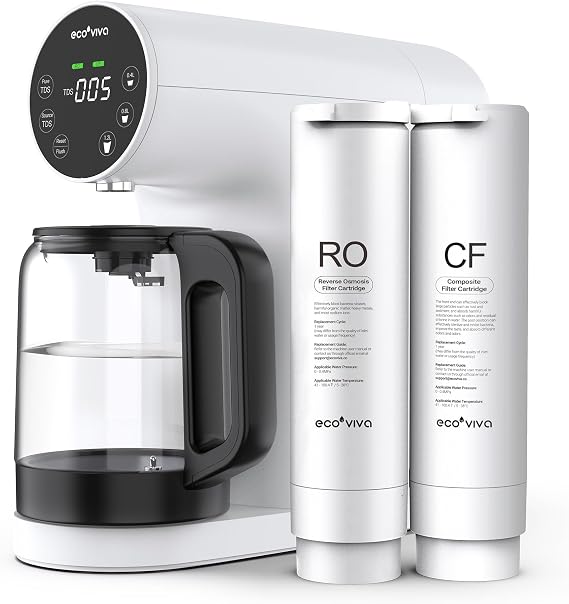 Ecoviva Countertop Reverse Osmosis Water Filtration System, Portable RO Water Filter Purifier with 4 Stage Filtration, 3:1 Pure to Drain, TDS Monitor, Faster Delivery Flow, Plug and Use - White