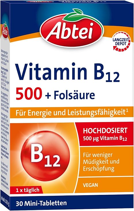 Abtei Vitamin B12 Plus Folic Acid - for Energy and Performance - High Dose with 500 μg Vitamin B12 and 200 μg Folic Acid 1 x 30 Tablets