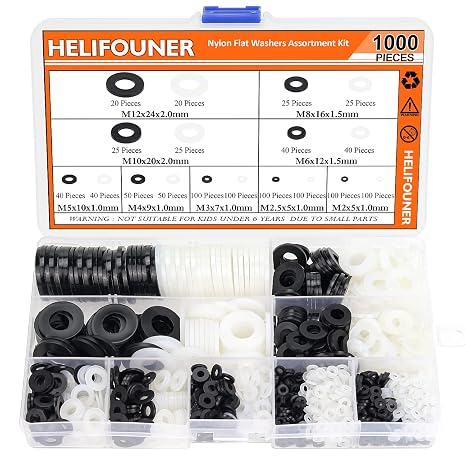 HELIFOUNER 1000 Pieces 9 Sizes White/Black Nylon Flat Washers Assortment Kit - M2 M2.5 M3 M4 M5 M6 M8 M10 M12