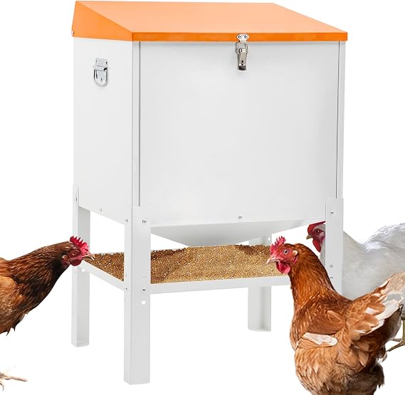 Chicken Feeder, 50LBS Capacity Metal Poultry Feeder (16 x 12.5 x 24.5) for 10 Chickens, Powder-Coated Steel Feeder w/Waterproof Lid and Stainless Handles