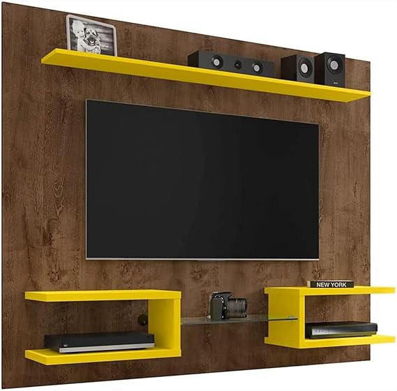 Manhattan Comfort Plaza Floating Entertainment Center for Living Room, Wall Mounted TV Stand with Display Shelves, Wire Management & Mounting Hardware, Fits up to 50" Screens, Rustic Brown/Yellow