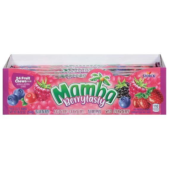 Mamba Berrytasty Fruit Chews - Individually Wrapped Chews for Halloween, Parties & Snacks - Variety Pack with Blueberry, Raspberry, Cranberry, Berry Mix, Wild Strawberry - 2.80 oz (24 Pack)