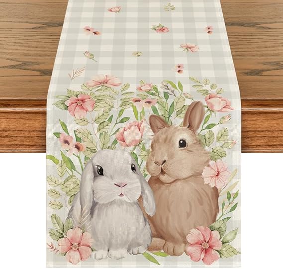 Artoid Mode Bunny Rabbit Flowers Leaves Grey Buffalo Plaid Easter Table Runner, Spring Kitchen Dining Table Decoration for Home Party Decor 13x36 Inch
