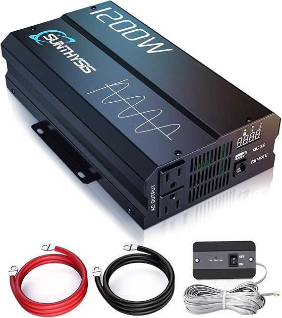 [Upgraded Version] Sunthysis 1200W Pure Sine Wave Inverter 12V DC to 120V AC Converter for Home, Camping, RV, Off-Grid Solar Power Inverter 12V to 110V with USB Port, 2 AC Outlets, Remote Controller