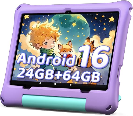 aiprotablet 10 inch Kids Tablet, Android 16 Tablet for Kid, Octa-Core CPU, 24GB RAM, 64GB ROM 1TF Card Expandable for Toddler Children,Tablets with Case, Parental Control, 6000mAh,WiFi (Purple)