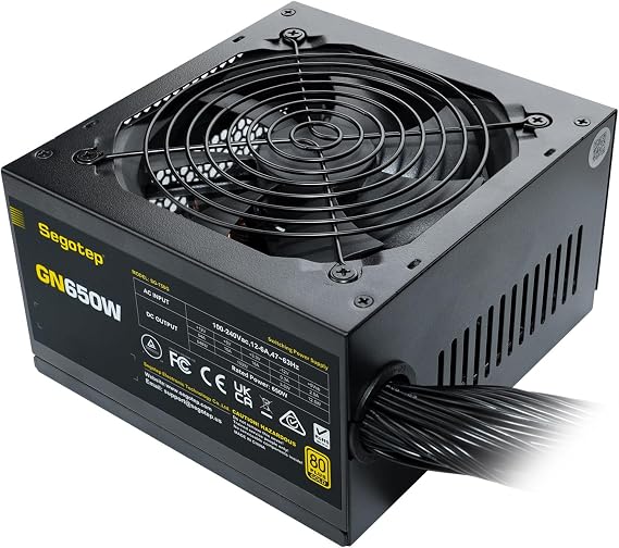 Segotep 650W ATX Power Supply, 80 Plus Gold Certified | Non-Modular with 6+2 Pin Connectors PFC Protection and RoHS Compliance, 120mm Silent Fan Gaming PSU GN-650 Black