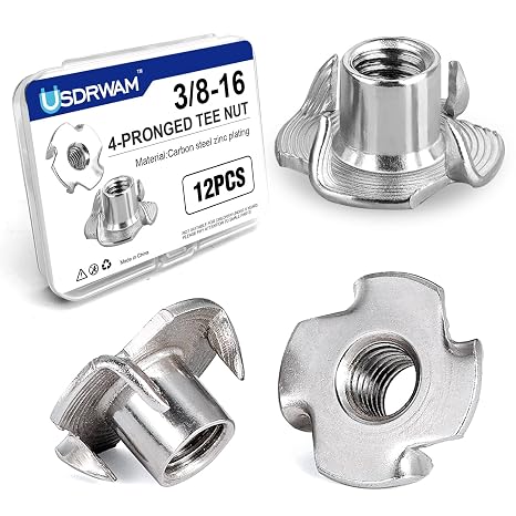 12PCS 3/8"-16 T Nuts for Wood, Zinc-Plated 4-Prong Tee Nuts