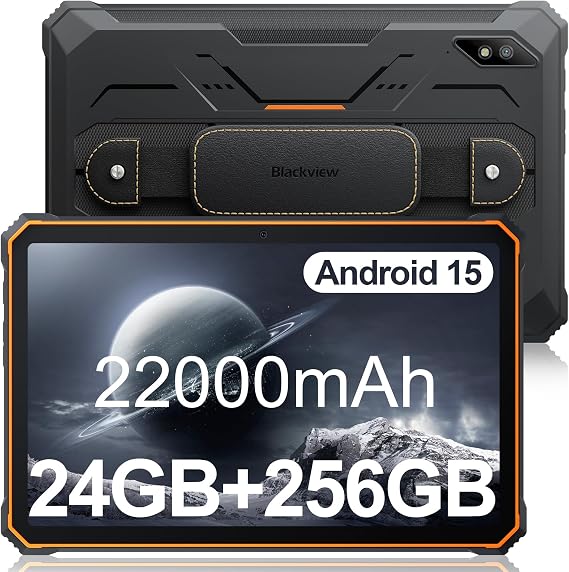Blackview 2.4k 10.36 inch Rugged Tablet, 22000mAh Octa-core Android 15 Tablet, 24GB RAM+256GB ROM+1TB Expand, 48MP+16MP Camera Waterproof, 4G LTE/5G WiFi, BT 5.0/OTG/GPS-Orange | 22000mAh, 24GB (8+16) RAM+256GB ROM+1TB Expand, 48MP+16MP, Camera,Octa-core, 4G LTE/5G WiFi, BT 5.0/OTG/GPS- Orange