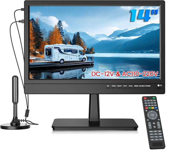 ZOSHING 14" Small 1080P screen TV with freeview Reception and Aerial,Two Power AC/DC-12V,HDMI-USB-VGA Input Ports for Camper/Monitors/kitchens