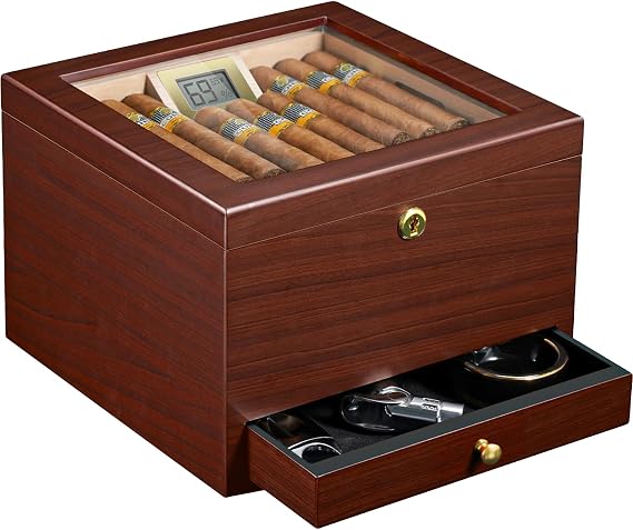 Flauno Cigar Humidor with Air Circulation System, Hold 40 Rubustos, Thicker Spanish Cedar, Accurate Digital Hygrometer, Drawer, Humidifier, Divider, Lock, Gift for Cigar Lovers