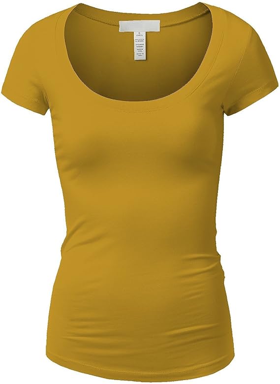 Active Basic Womens Plain Basic Deep Scoop Neck with Cap Short Sleeves - Mustard - Medium