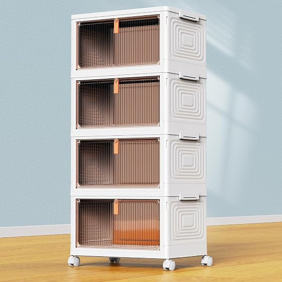 SavvyStor Storage Boxes with Lid - 4-Tier Plastic Storage Drawers, Stackable Boxes, Organiser for Bedroom Living Room | 4 Tier Tower Storage Box with 1 Lid, Living Room Bedroom Storage Unit, White