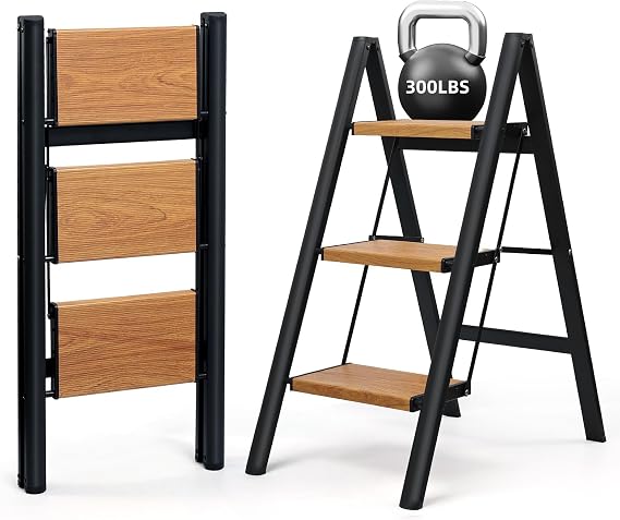 SOLADDER 3 Step Ladder, Folding Step Stool, Black & Woodgrain