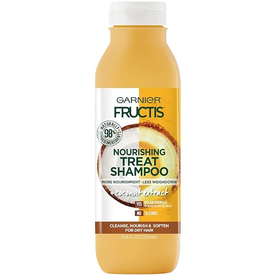 Garnier Fructis Nourishing Treat Shampoo, 98 Percent Naturally Derived Ingredients, Coconut, Nourish and Soften for Dry Hair, 11.8 Fl Oz