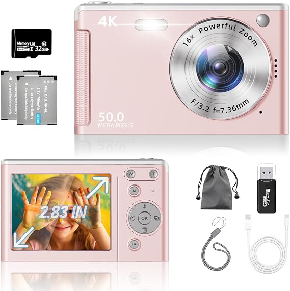 UHD 4K Digital Camera, Upgrade True 50MP Vlogging Camera with 32GB SD Card, 16X Zoom, 2.8'' IPS Screen, Anti-Shake, 2 Large Batteries, Compact Digital Camera for Kids Student Adult Beginner (Pink)
