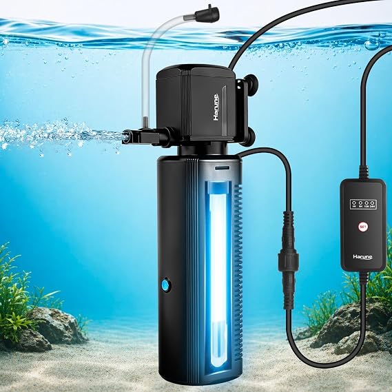 Harune 1200L/H Internal Aquarium Filter with UV Light, High Flow Fish Tank Filter for 100-400L,Timer Controller and Visible UV Window for Freshwater & Marine