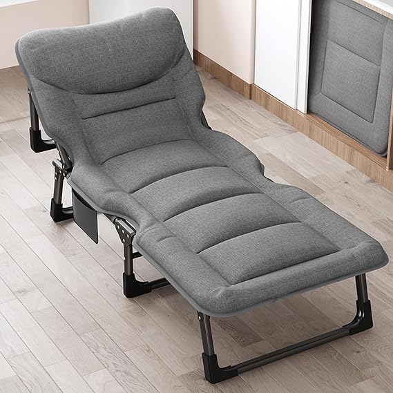 Folding Reclining Lounge Chair Office Rest Bed, 4 Gears Adjustable Backrest Portable Camping Cot, Sleeping Cots Bed for Outdoor Pool Beach Patio Travel Nap(L74.8 x W 27.5" x H 11.8", Grey)
