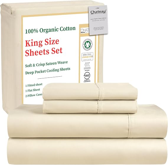 100% Organic Cotton King Size Sheets Set, Luxury Sateen Weave 300 TC -Ivory