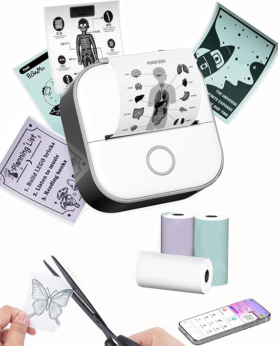 Memoqueen T02 Mini Sticker Printer & 3 Rolls Paper, Black