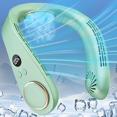 Neck Fan Air Conditioners,Portable Neck Fans Rechargeable Battery Operated,Leafless Metal Cooling Plates Personal AC Unit,Compact Strong USB Shoulder Cooler for Office Disney Summer Golf Cart Green