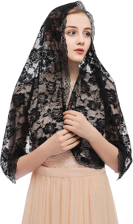 EllieHouse Catholic Church Veils Mantillas For Women Lace Scarf Mass Head Covering Black White