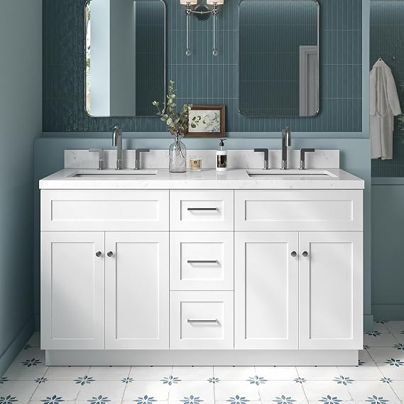ARIEL Hamlet 60-inch Bathroom Vanity with Sink,Solid Wood, 1.5-inch Carrara White Quartz Countertop & Backsplash, Double Rectangular Porcelain Sink, 4 Soft Closing Doors, 3 Dovetail Drawers, White