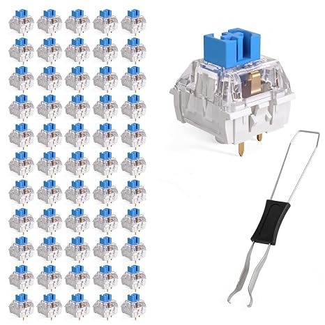 55 Pcs Blue 3 Pin Clicky Tactile Mechanical Keyboard Switches, MX Compatible DIY Replacement Kit with Switch Puller, for Beginners Keyboard Users