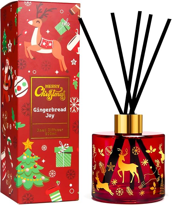 Xcleen Reed Diffuser Set, Gingerbread Joy Christmas Oil Diffuser with Sticks, Home Fragrance Reed Diffuser for Bathroom Office Shelf Decor, Scented Room Fresheners, Holiday Ideal Gift 6.7 Fl.Oz