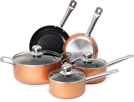 Non Stick Pots and Pans Set – Induction Hob Pot Set – 8pcs Kitchen Cookware with Lids – Cooking Copper Saucepan Pots and Frying Pans – by Nuovva
