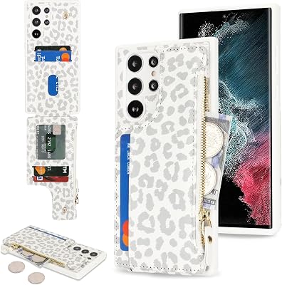 Cavor for Samsung Galaxy S22 Ultra Case Wallet, for Galaxy S22 Ultra Wallet Case with Card Holder for Women Men,Leather Zipper Pocket Card Slots Phone Cover-Leopard White