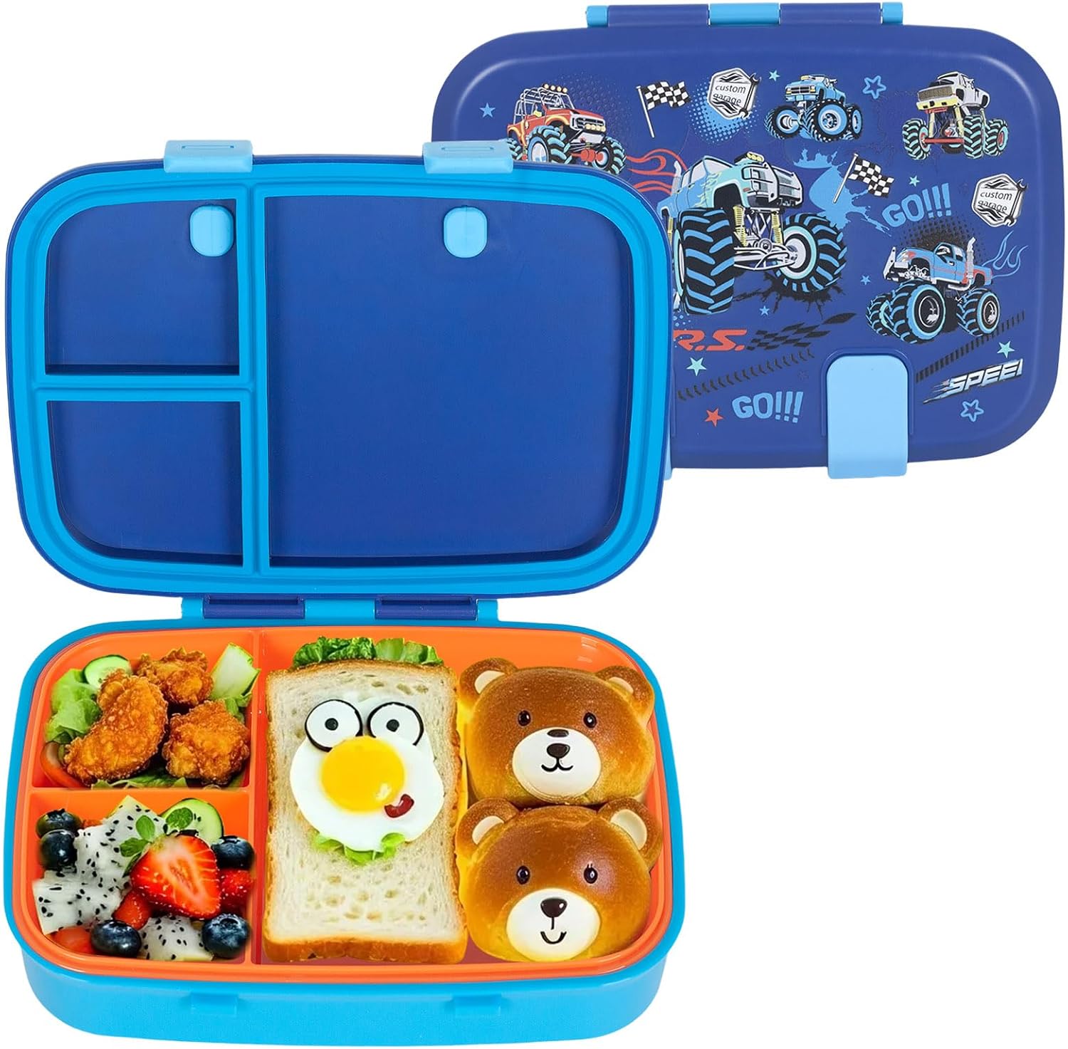 PinkSheep Bento Lunch Boxes for Kids, 800ml BPA-Free Leak-Proof Children Food Containers with 3 Compartments (Racing)