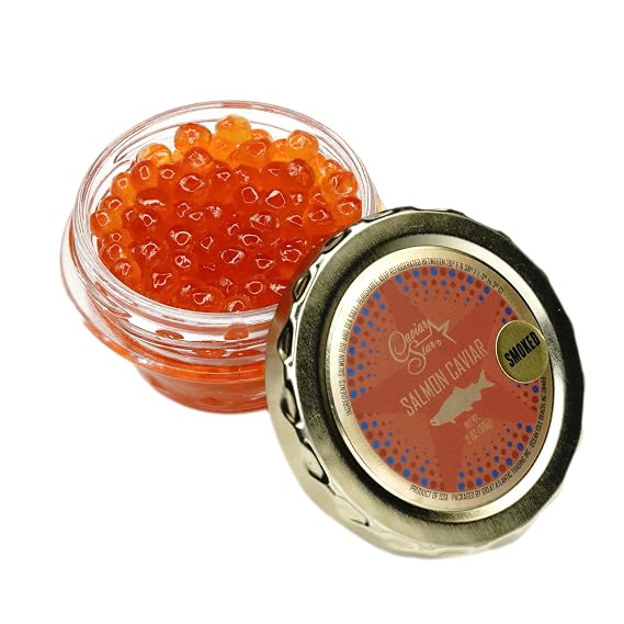 Premium #1 Grade Smoked Salmon Caviar (Ikura), Large Firm Beads, Cold Smoked Over Oak Bourbon Barrel Staves, Gourmet Seafood Topping for Bagels, Salads & Sushi - 2oz Glass Jar
