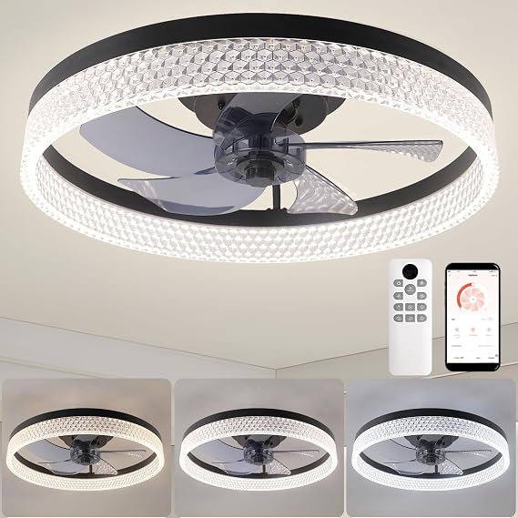 ZYDTRIP Ceiling Fans with Lights and Remote, 19.7 Inch Ceiling Fan, 6 Speeds, Reversible, Dimmable Flush Mount Fan Light, Modern and Bladeless Ceiling Fan Light for Bedroom Living Room Dining Room