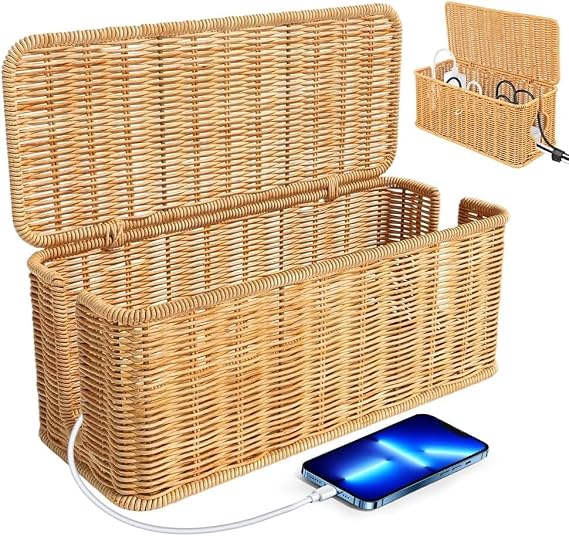 Rattan Cable Management Box Handmade Cable Box with Lid Cable Management Box with Side Opening Tangle Cables Hiding Desk Socket Box for Office Home (Wood Colour)