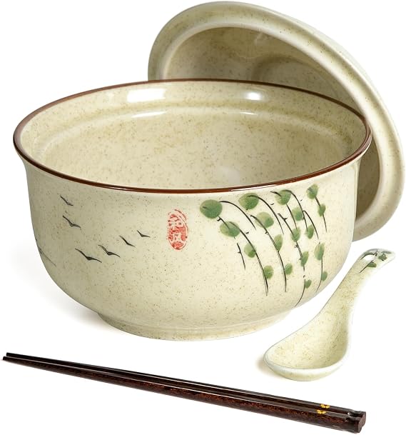 Ceramic Ramen Bowl, Japanese Style Retro Ramen Bowls Set 800ml Noodle Bowl with Chopsticks and Spoons, Asian Soup Bowls Kit with Lid for Microwave & Dishwasher Safe,Twig