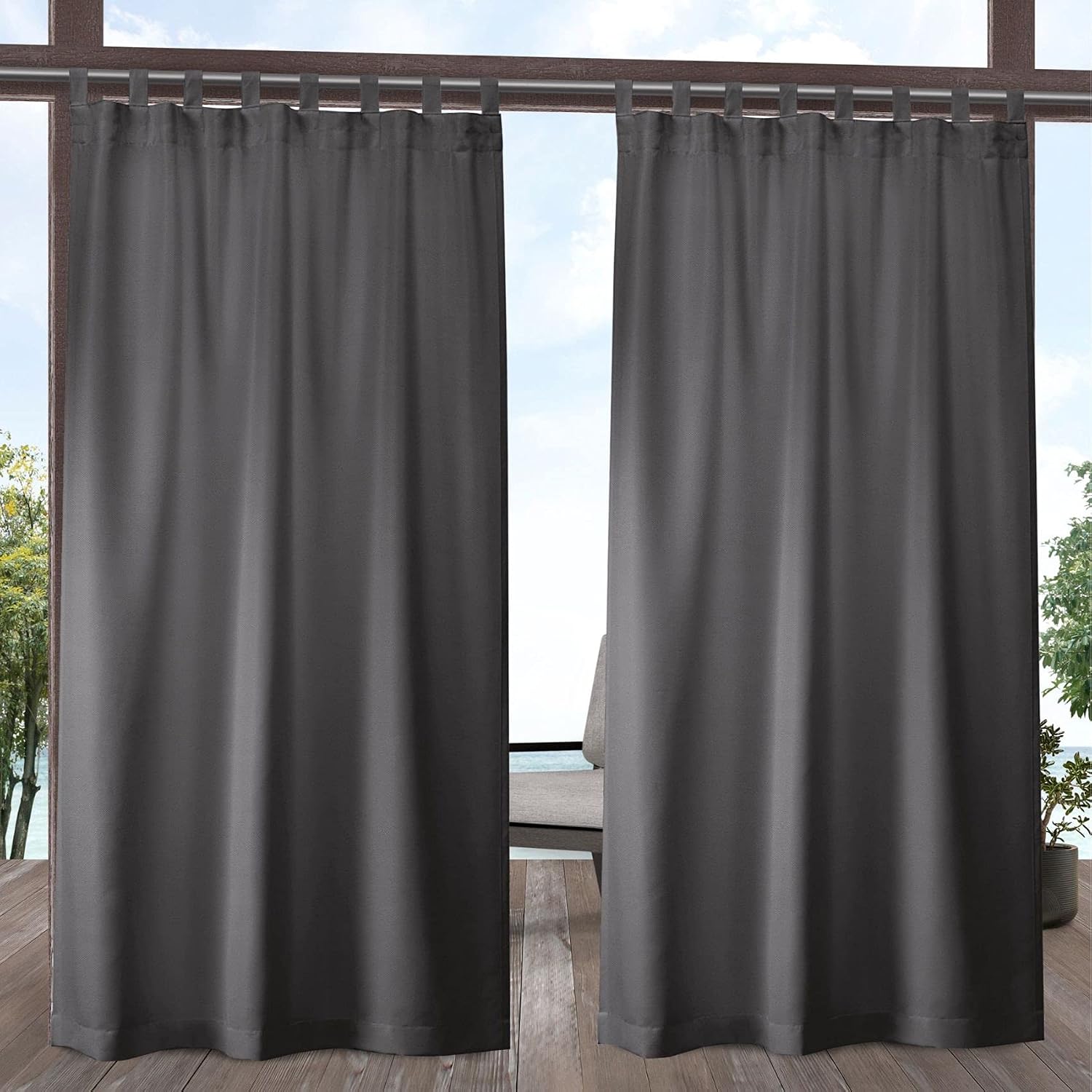 Exclusive Home Cabana Solid IndoorOutdoor Light Filtering Hook-and-Loop Tab Top Curtain Panel Pair, 54"x96", Charcoal
