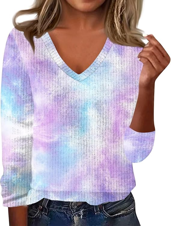 Womens Knit Sweaters Dressy Casual V Neck Long Sleeve Shirts Loose Fall Fashion Sweatshirts Pullover Tops Blouses