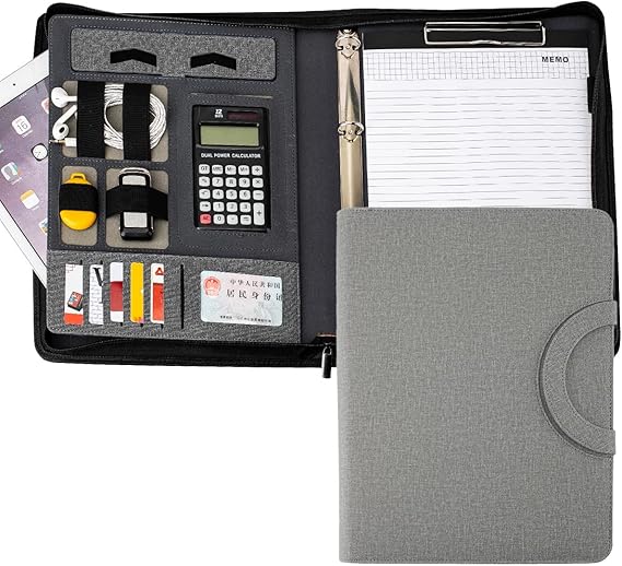 Leather Padfolio Portfolio, Business Conference Organizer Notepad Folder Bag for Women/Men(with Calculator, Light Gray)