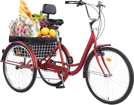 Versatile 24/26-Inch 3-Wheel Adult Tricycle with 7-Speed Gearing and Spacious Basket for Comfortable Riding and Storage for Recreation, Shopping, Picnics