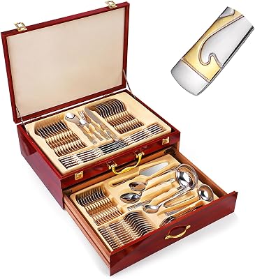 72 Piece Stainless Steel Cutlery Utensil Set, Silverware Flatware Set for 12 Service, Ginclude Forks Spoons and Knives for Mal Events, Parties, Dishwasher SafeSize:84 pcs,Color:C