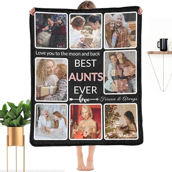 Gifts for Aunts Customized Blanket with Photo, Make a Personalized Aunts Blankets with Picture Custom Memories Souvenir Sublimation Throw Blanket for Best Aunts Ever, 8 Collage Made in USA