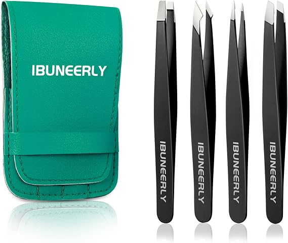 Tweezers Set, 4 Pcs Tweezers for Women with Travel Leather Case, Professional Stainless Steel Eyebrows Tweezers, Great Precision Tweezers for Ingrown Hair, Facial Hair, Splinter RemovalBlack