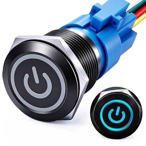 mxuteuk 19mm Waterproof Latching Push Button Switch 12V ON/Off Switch 1NO 1NC SPDT Black Metal with Blue Power Symbol Light with Wire Suitable for 3/4" Mounting Hole for Car Marine RV L-19-POWER-B-BU