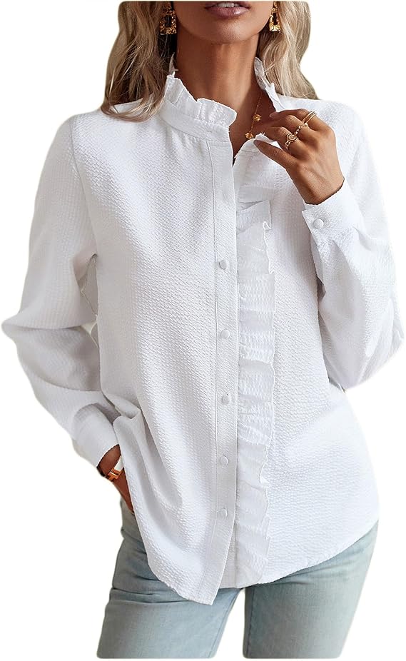 Legou Women's Shirt Vertical Stripe Ruffle Button Down Shirt