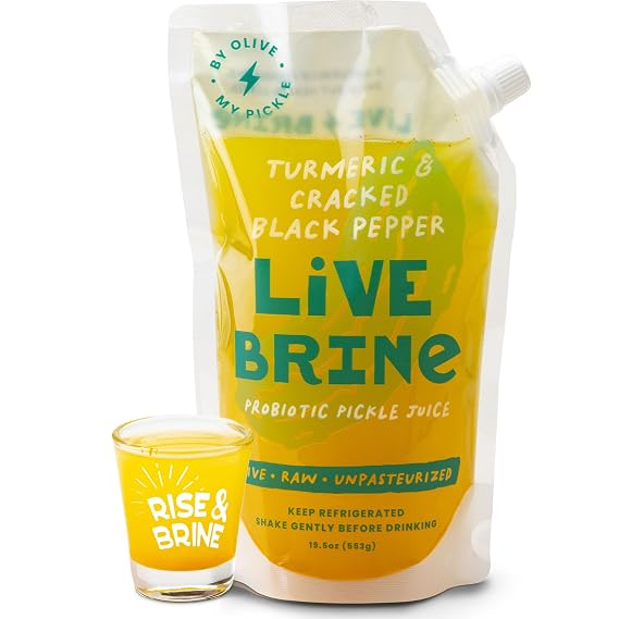 Olive My Pickle Probiotic Pickle Juice - 19.5 Ounces | 1 Pack of LiveBrine Turmeric & Cracked Black Pepper Pickle Juice with Natural Probiotics and Digestive Enzymes for Gut Health - 13 Pickle Shots