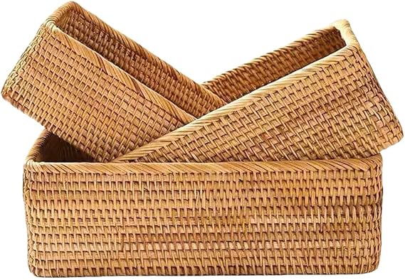 Rattan Storage Baskets, Wicker Baskets for Organizing, Hand Woven Decorative Box for Kitchen Counter, Living Room, Bathroom, Set of 3 (Rectangular)