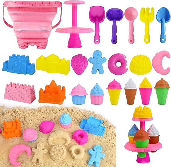 Beach Toys for Kids,Sand Toys 31Pcs Kids Sand Play Set,Castle & Dessert Molds with Collapsible Buckets, Sand Castle Building Kit,Shovels and Mesh Bag,Summer Outdoor Travel Toys for Toddlers Boys Girls