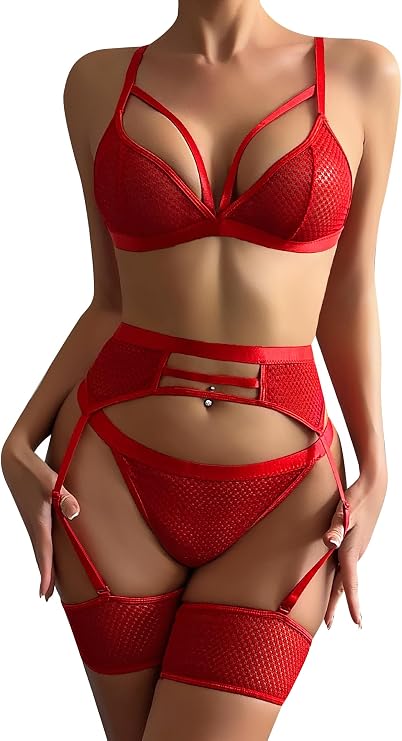 Women's Sexy Lingerie Set Lace Cut Out Bra and Panty Sets with Garter Belt and Thigh Cuffs 4 Piece